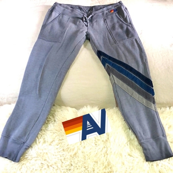 🐨 Aviator Nation Gray Striped Drawstring Sweatpants Juniors L - Picture 13 of 13